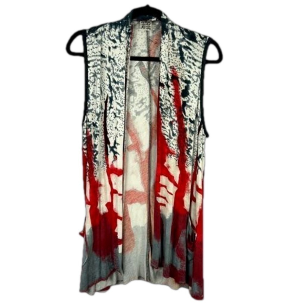 Parsley & Sage Boho Art to Wear Open Front Vest Medium White Red